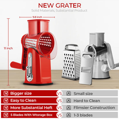 Rotary cheese grater with handle, 5 blades and powerful suction cup base.