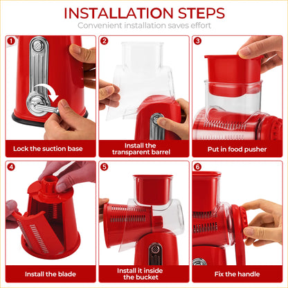 Rotary cheese grater with handle, 5 blades and powerful suction cup base.
