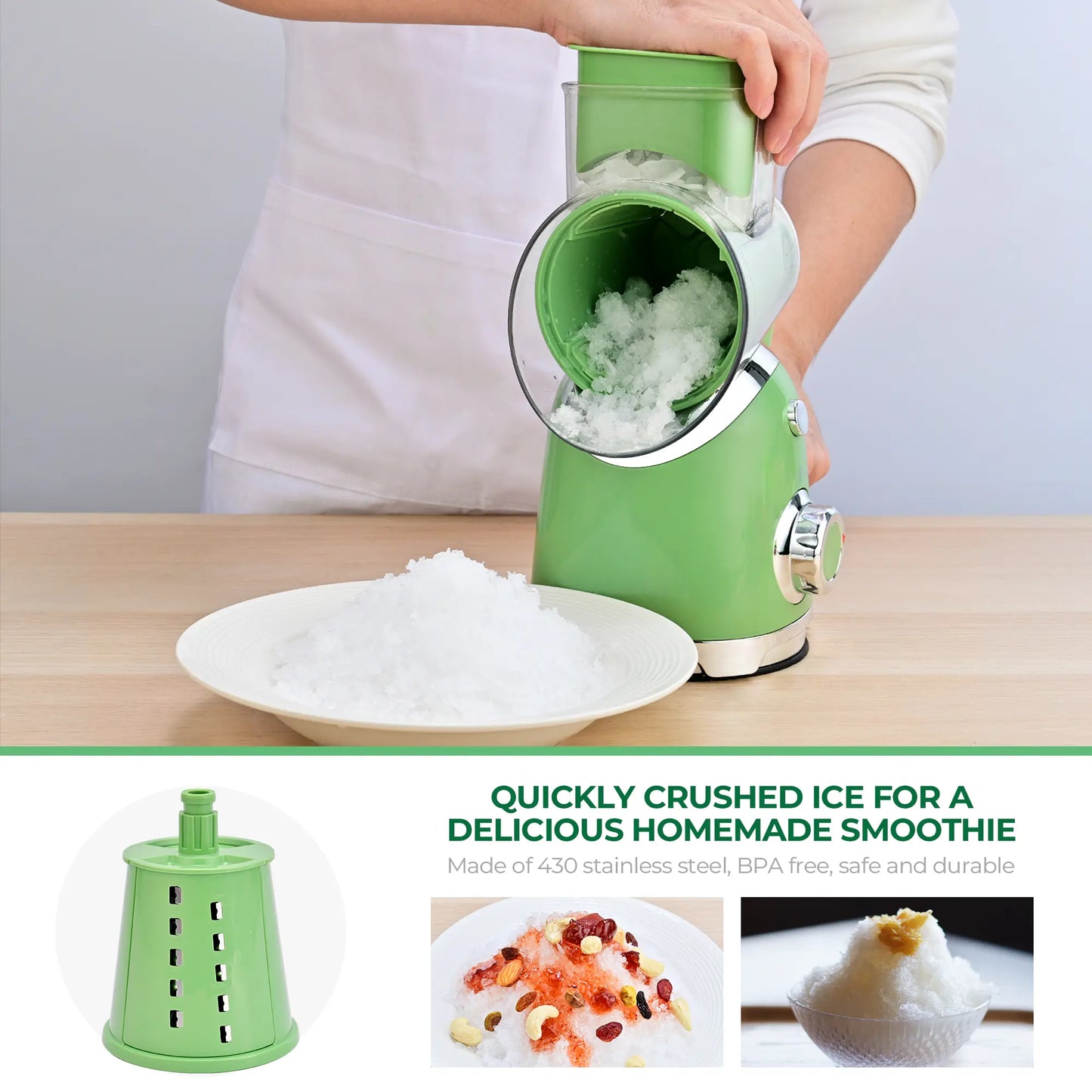 Rotary cheese grater with handle, 5 blades and powerful suction cup base.