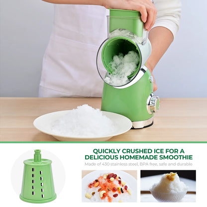 Rotary cheese grater with handle, 5 blades and powerful suction cup base.