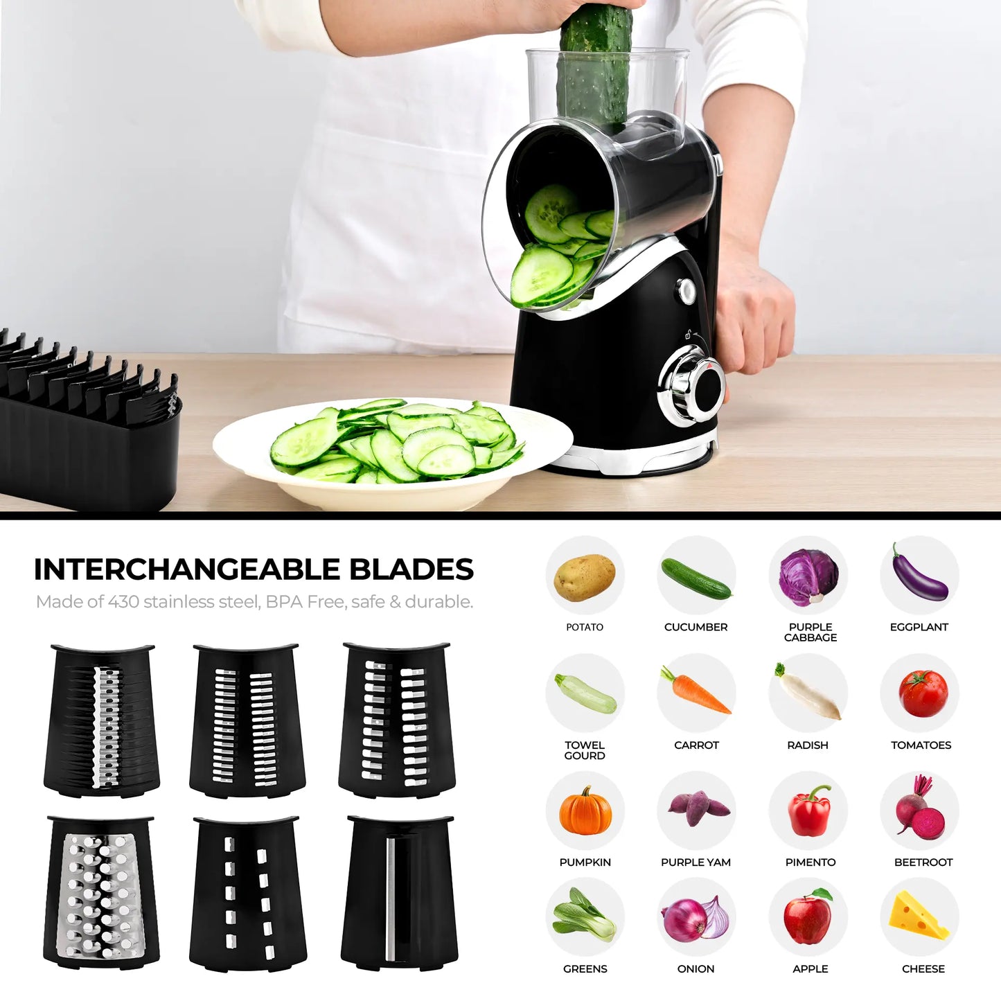 Rotary cheese grater with handle, 5 blades and powerful suction cup base.