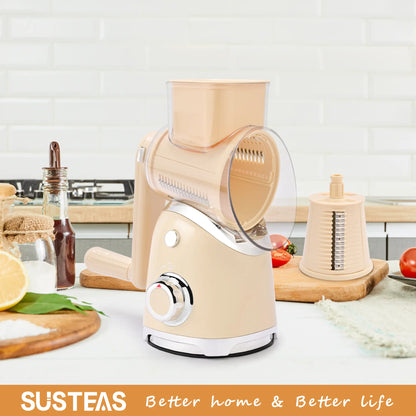 Rotary cheese grater with handle, 5 blades and powerful suction cup base.