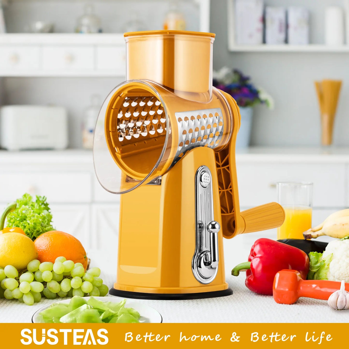 Rotary cheese grater with handle, 5 blades and powerful suction cup base.