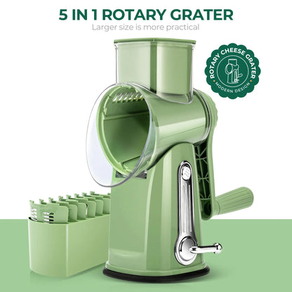Rotary cheese grater with handle, 5 blades and powerful suction cup base.