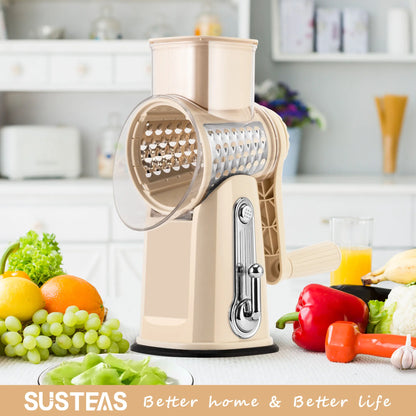 Rotary cheese grater with handle, 5 blades and powerful suction cup base.