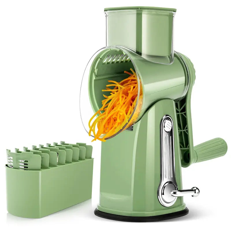 Rotary cheese grater with handle, 5 blades and powerful suction cup base.